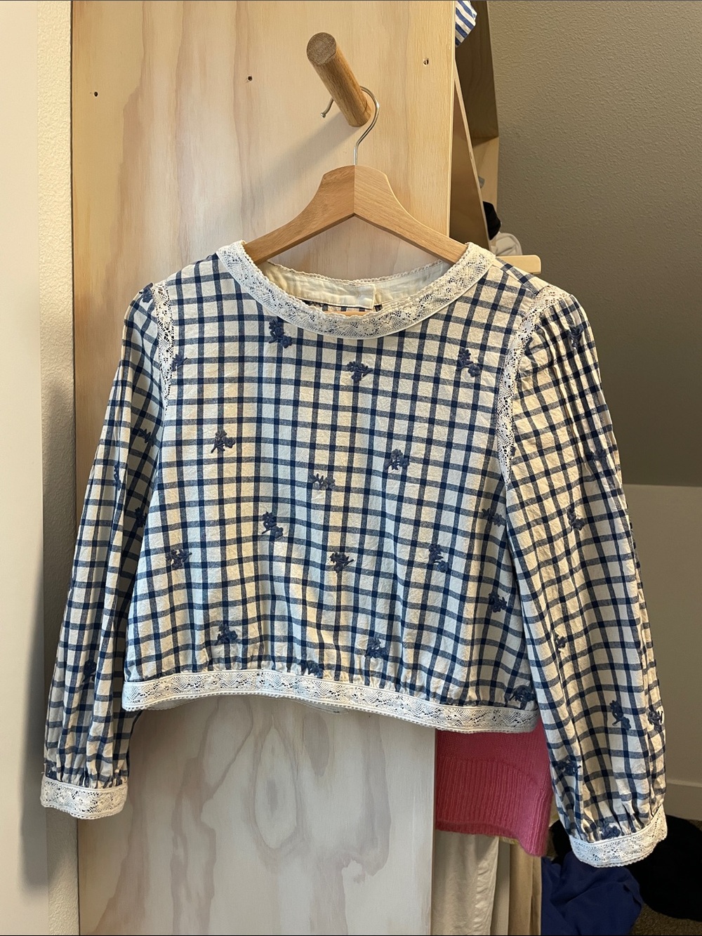 Sezane Thalyna Blouse Blue Floral Embroidery On Vichy Fabric - Size 6
